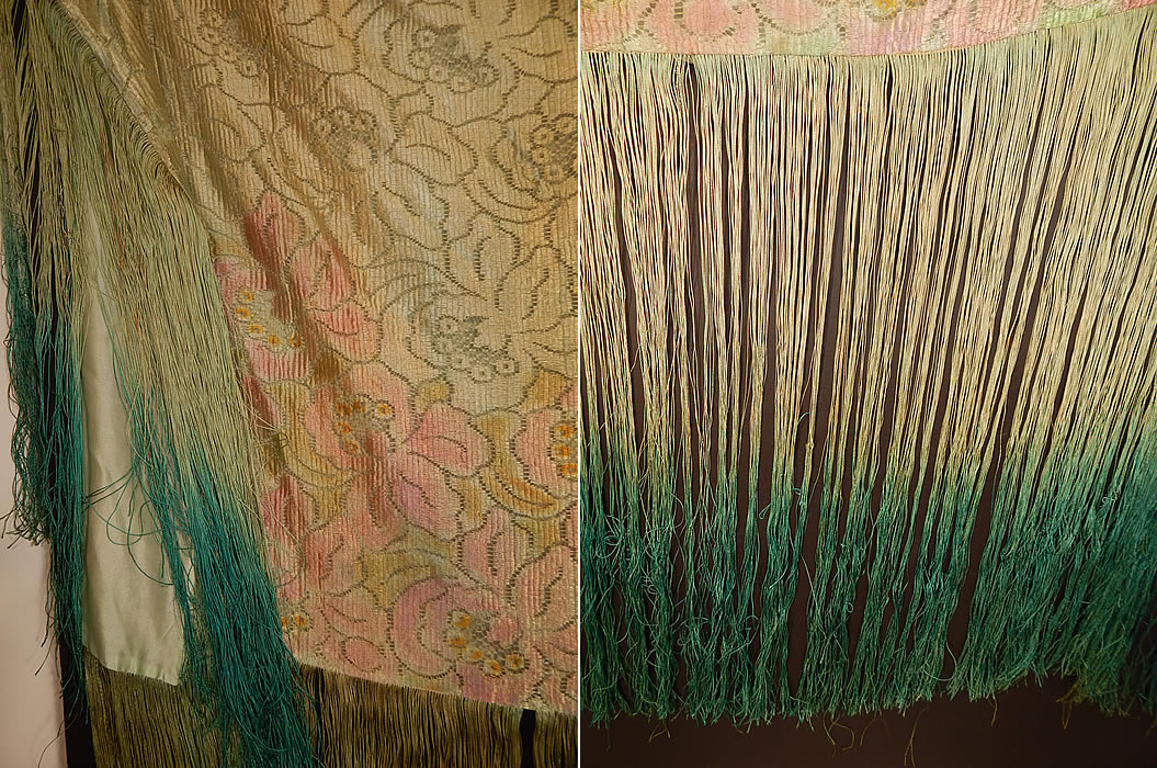 Vintage Pastel Green Silk Pink Floral Lace Ombre Fringe Flapper Shawl Cloak Cape
The shawl measures 62 inches wide, 34 inches long and has 27 inch long fringe.