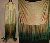 Vintage Pastel Green Silk Pink Floral Lace Ombre Fringe Flapper Shawl Cloak Cape
