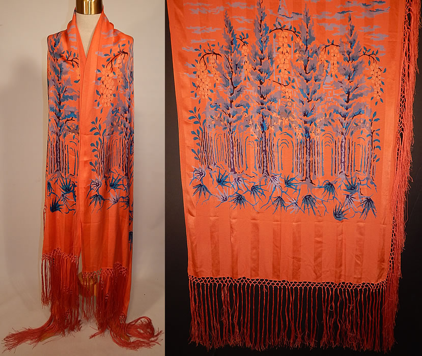 Vintage Orange Stripe Art Deco Silk Screen Teal Blue Flora Fringe Flapper Shawl Scarf
This vintage orange stripe Art Deco silk screen teal blue flora fringe flapper shawl scarf dates from the 1920s. It is made of a bright orange silk striped damask weave fabric, with a colorful teal blue silk screen scenic wooded flora print design done on both ends.