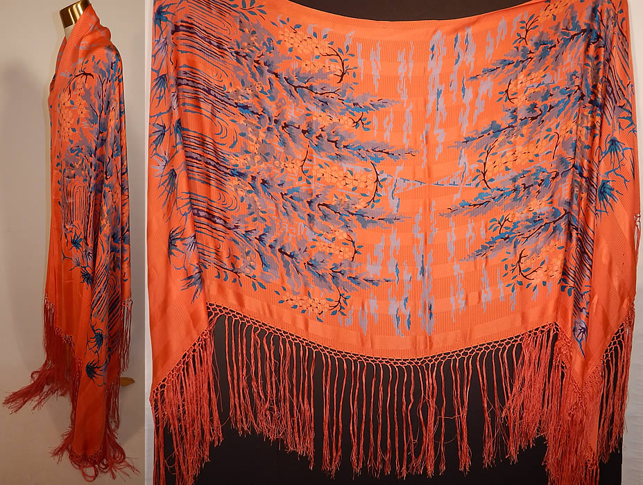 Vintage Orange Stripe Art Deco Silk Screen Teal Blue Flora Fringe Flapper Shawl Scarf
This fabulous flapper shawl scarf cloak cape wrap has a long rectangle shape, with hand knotted orange silk fringe along the sides, bottom and the top has none.