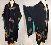 Vintage Art Deco Black Silk Colorful Metallic Embroidered Pheasant Kimono Robe Coat
