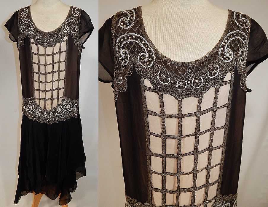 Vintage Art Deco Black Silk Chiffon Lattice Rhinestone Beaded Handkerchief Flapper Dress
This amazing Art Deco vintage black silk chiffon lattice rhinestone beaded handkerchief flapper dress dates from the 1920s. It is made of a sheer black silk chiffon fabric, with clear crystal, silver, white and rhinestone beading done in a decorative criss crossing lattice beaded strips pattern and scalloped, scrolling, spiral designs.