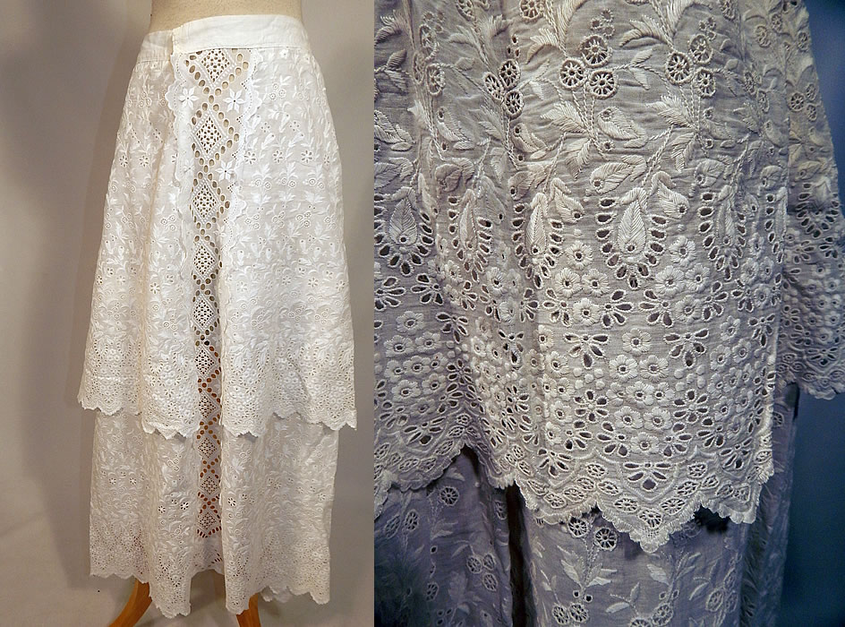 Edwardian White Cotton Broderie Anglaise Eyelet Embroidery Cutwork Lace Skirt
This antique Edwardian Titanic era white cotton broderie anglaise eyelet embroidery cutwork lace skirt dates from 1912. It is made of a sheer white cotton batiste fabric, with a broderie anglaise eyelet embroidery cutwork whitework lace floral vine leaf motif completely covering the entire fabric. 