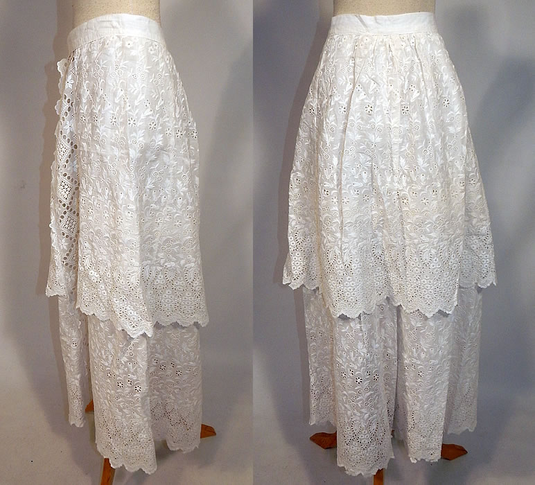Edwardian White Cotton Broderie Anglaise Eyelet Embroidery Cutwork Lace Skirt
This lovely lace skirt is a long floor length, with layered tiered peplum overskirt, scalloped hem edging, a sheer eyelet front panel trim, fitted waistband, snap closures down the front and is sheer, unlined.