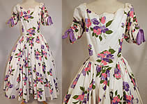 Vintage White Cotton Pique Pansy Print Full Circle Skirt Dress

