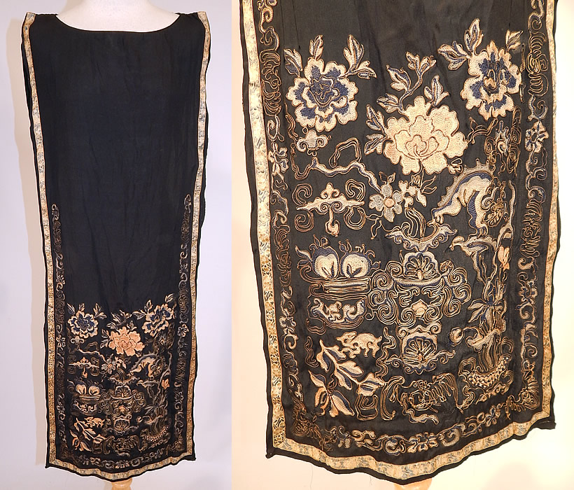 Antique Chinese Silk Forbidden Stitch Gold Couching Embroidery Tunic Tabard Dress
This antique Chinese silk forbidden stitch gold couching embroidery tunic tabard dress dates from the 1920s. It is made of a late 19th century Qing Dynasty Han wedding skirt fabric apron panels and remade into a 1920s flapper tunic tabard style dress. 