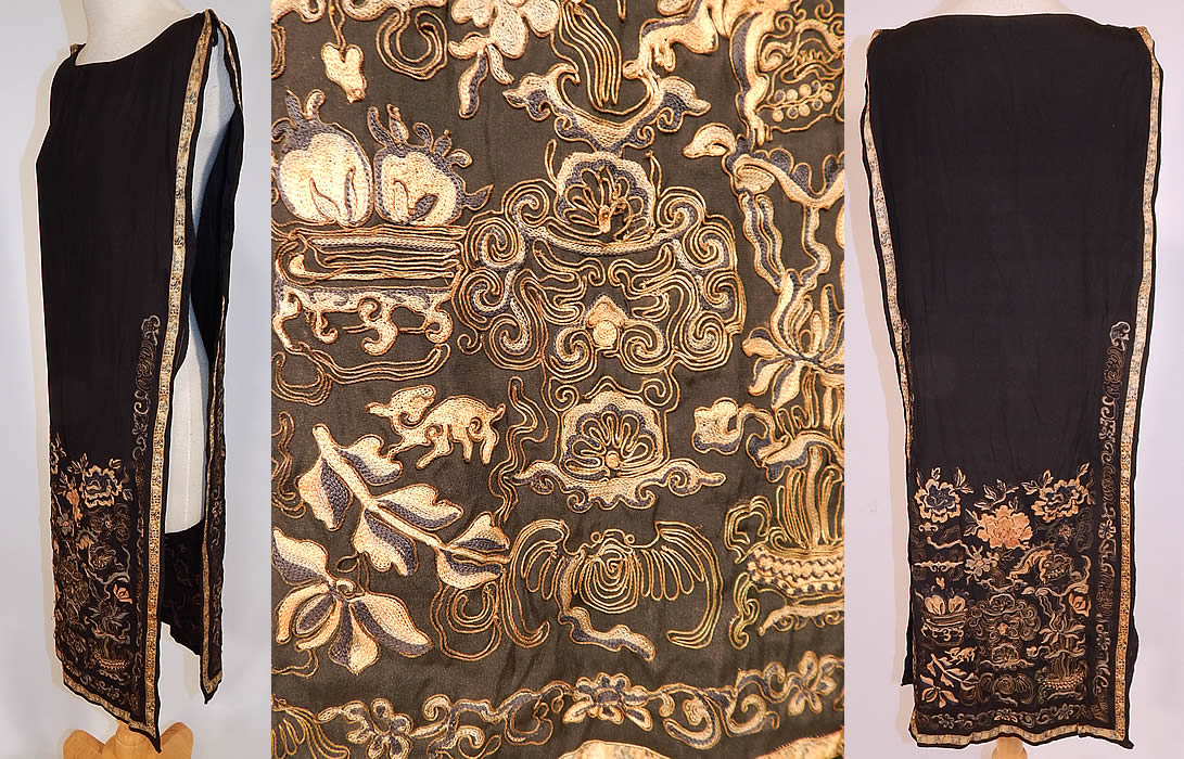 Antique Chinese Silk Forbidden Stitch Gold Couching Embroidery Tunic Tabard Dress
It is made of a black silk fabric, with muted colors of Peking knot forbidden stitch and gold couching hand embroidery work designs of Chinese guardian lion foo dog, spotted deer, bats, peaches, peony flowers, vases auspicious symbols for good fortune and longevity.