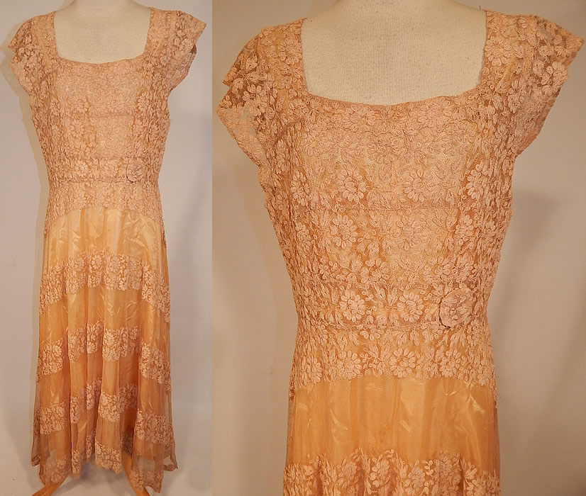 Vintage Ecru Cream Tambour Embroidery Net Lace Skirt Train Wedding Gown Dress
This vintage ecru cream tambour embroidery net lace skirt train wedding gown dress dates from the 1940s. It is made of a off white ecru cream color sheer net tulle fabric, with tambour embroidery work done in a floral vine leaf pattern design.
