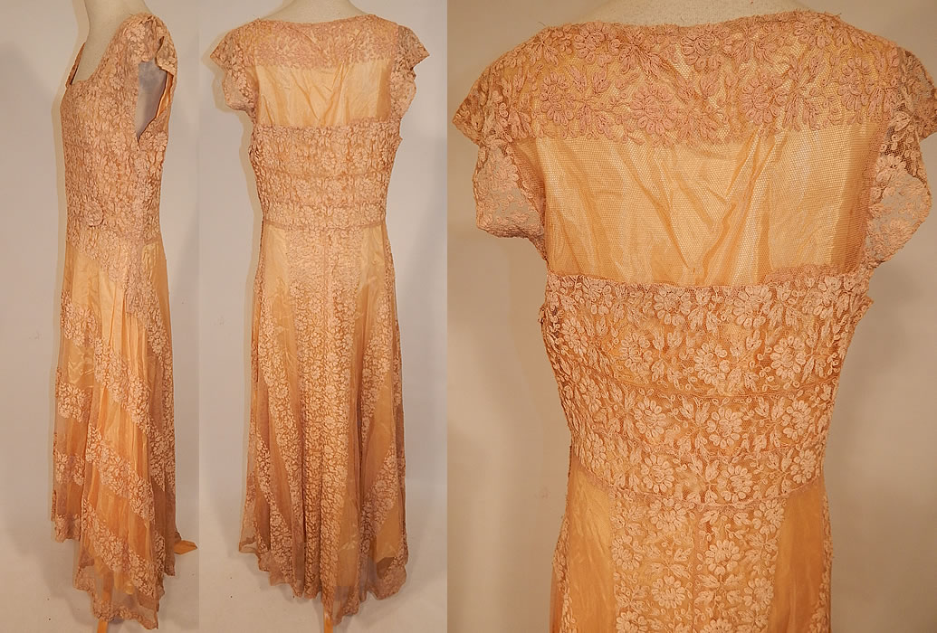 Vintage Ecru Cream Tambour Embroidery Net Lace Skirt Train Wedding Gown Dress
This beautiful bridal wedding gown dress is a floor length, with a long full skirt, slight back train, short cap sleeves, squared neckline, rosette embroidered trim medallion at the waist, is fully lined in a golden cream colored silk rayon fabric and has a double side zipper closure for both the inside slip lining and outside net dress. 
