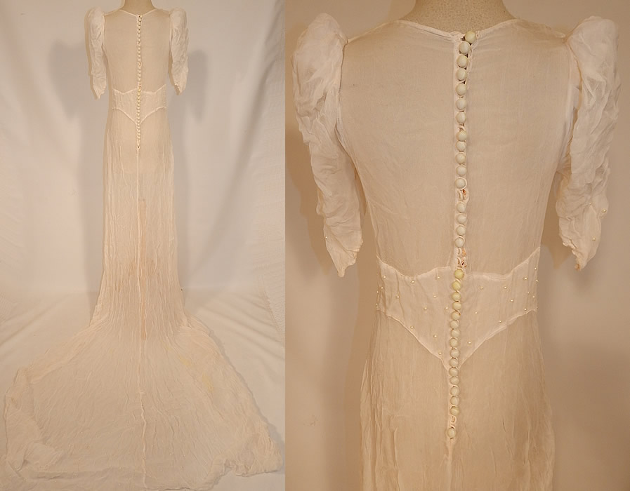 Vintage White Silk Crepe de Chine Pearl Beaded Wedding Gown Dress Long Train Skirt
 This is truly a wonderful piece of wearable WWII wedding bridal art!