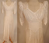 Vintage White Silk Crepe de Chine Pearl Beaded Wedding Gown Dress Long Train Skirt
 