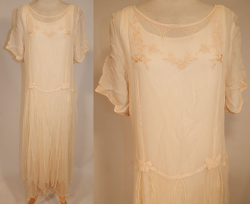 Vintage April Cornell Cream Embroidered Floral Butterfly 1920s Style Wedding Dress
This vintage April Cornell cream embroidered floral butterfly 1920s style wedding dress dates from the 1990s. It is made of a cream color rayon nylon blend sheer gauze like mesh fabric, with a floral embroidered front neckline and tambour embroidered butterfly appliqu&eacute; trim around the waist.