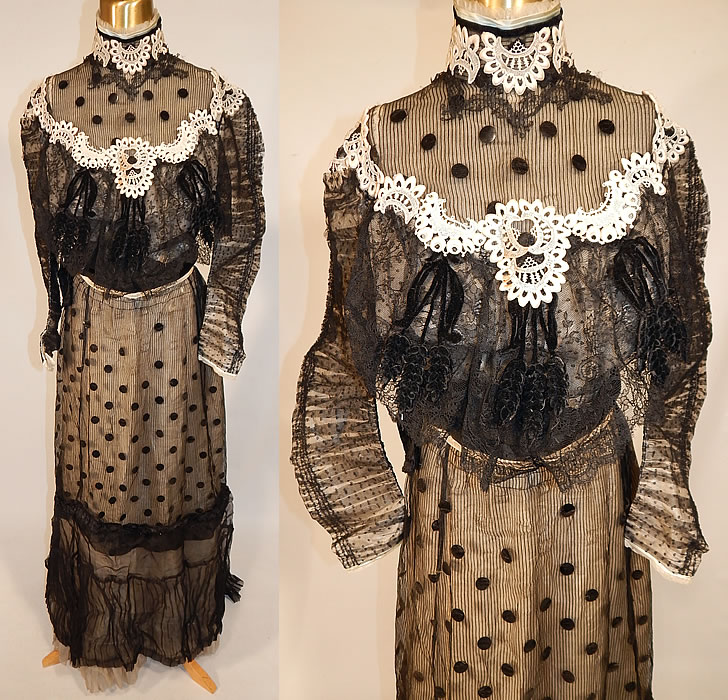 Victorian Black Chantilly Lace Sheer Silk Sequin Polka Dot Gown Bodice Skirt Dress
This antique Victorian era black Chantilly lace sheer silk sequin polka dot gown bodice skirt dress dates from 1890. It is made of a sheer black striped silk chiffon fabric, with large black sequin polka dots and black Chantilly, white lace trim appliqu&eacute; accents. There are black chenille velvet wheat stalk spikelets appliqu&eacute; trim hanging down along the front bodice.