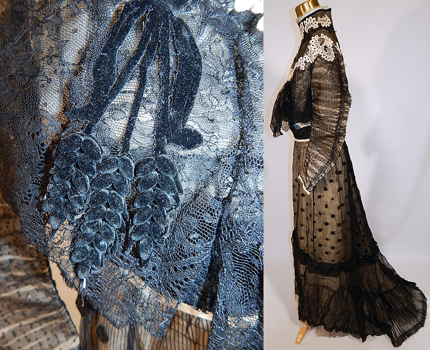 Victorian Black Chantilly Lace Sheer Silk Sequin Polka Dot Gown Bodice Skirt Dress
This magnificent gown two piece dress has a pigeon front bodice blouse top with a high neck collar, fancy lace trimmings, long sheer swiss dotted net pleated gathered sleeves, a fitted belted waist with steel cut button trim and hook closures down the back and is lined in white silk taffeta with stays boning inside. 