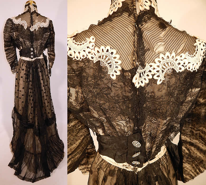 Victorian Black Chantilly Lace Sheer Silk Sequin Polka Dot Gown Bodice Skirt Dress
There is a matching fabric polka dot sequin embellished skirt, with pleated ruffle hemline, gathering and slight train back, hook closures on the back waist and is lined with a white silk taffeta petticoat sewn inside. The skirt measures 40 inches long in the front, 50 inches long in the back, with a 24 inch waist. 