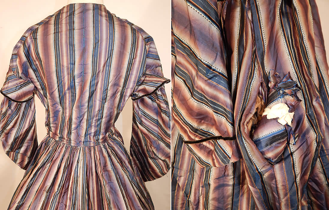Victorian Civil War Era Purple & Blue Ombre Stripe Silk Hoop Skirt Gown Dress
The dress measures 57 inches long, with a 28 inch waist, 36 inch bust and 19 inch sleeve. It is in excellent condition. This is truly a wonderful piece of antique Victoriana textile art! 