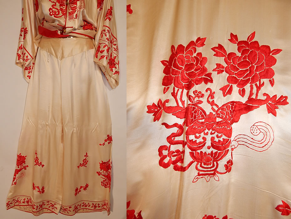 Vintage Red & White Silk Embroidered Chinese Butterfly Peony Pajamas Pants Robe
The pants measure 40 inches long, with a 23 inch inseam, 50 inch hips, an adjustable 24-30 inch waist and 30 inch pant leg cuffs. It is in good as-is condition, with some slight small age spots, water stains on the robe and the elastic is loose on the pants waistband. This is truly a wonderful piece of wearable Chinese textile art!