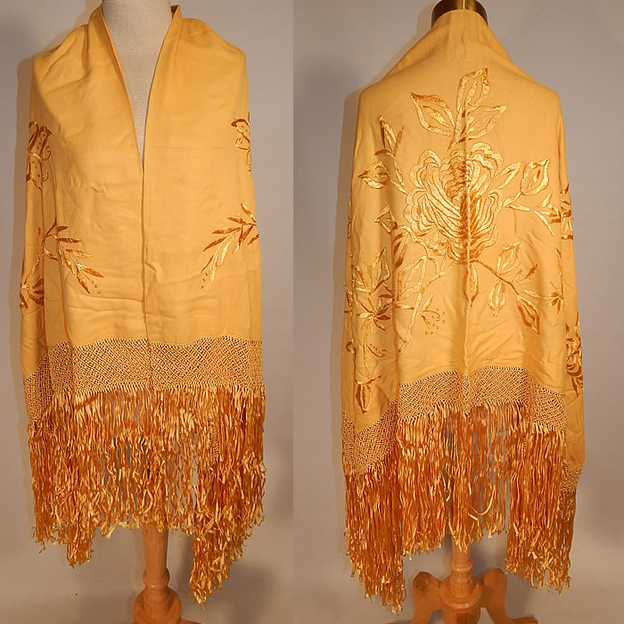 Vintage Golden Yellow Silk Embroidered Butterfly Macrame Fringe Flapper Shawl Scarf
This vintage golden yellow silk embroidered butterfly macram&eacute; fringe flapper shawl scarf dates from the 1920s. It is made of a bright golden yellow soft cotton wool blend fabric, with yellow silk raised padded satin stitch embroidery work of flowers, vines and butterflies. 