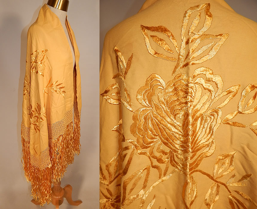 Vintage Golden Yellow Silk Embroidered Butterfly Macrame Fringe Flapper Shawl Scarf
This fabulous flapper shawl scarf cloak cape wrap has a long rectangle shape, with macram&eacute; hand knotted yellow silk fringe trim along the sides, bottom and the top has none. 