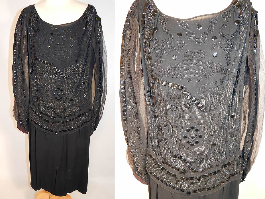Vintage Art Deco Black Silk Jet Beaded Sequin Drop Waist Flapper Dress Gown
This amazing Art Deco vintage black silk jet beaded sequin drop waist flapper dress dates from the 1920s. It is made of a sheer black silk chiffon fabric, with tiny jet beading and large black celluloid sequin squares, circles done in a decorative abstract geometric Art Deco designs.