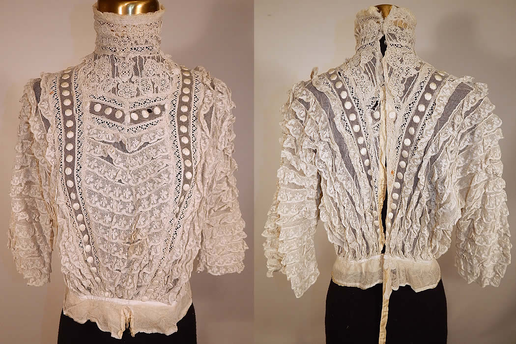 Edwardian Embroidered Polka Dot White Net Lace Applique Bodice Blouse
This antique Edwardian era embroidered polka dot white net lace appliqu&eacute; bodice blouse 1910. It is made of an off white net lace fabric, with embroidered polka dots, lace ruffles and appliques.