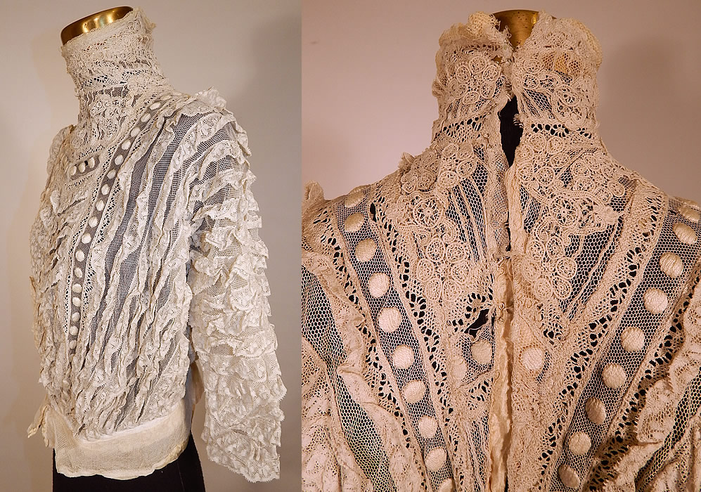Edwardian Embroidered Polka Dot White Net Lace Applique Bodice Blouse
This beautiful bodice blouse has a high neck lace collar with stays inside, ruffled 3/4 length sleeves, layers of lace ruffles throughout, a fitted waistband, hook closures down the back and is sheer, unlined. 