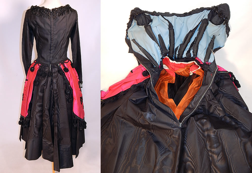 Vintage Black Pink Silk Sequin Beaded Dress Carmen Costume Tennessee Ernie Ford Show
This sensational Spanish dancer Carmen costume dress has a fitted bodice top, with stays, boning sewn inside the lining, long fitted sleeves, a low rounded scoop neckline, layered full skirt with a orange and a black crinoline petticoat sewn inside for added fullness and a back zipper closure. 