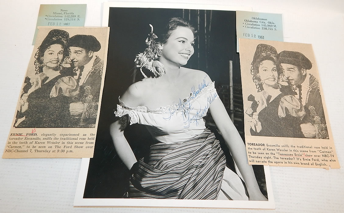 Vintage Black Pink Silk Sequin Beaded Dress Carmen Costume Tennessee Ernie Ford Show
This costume is from the estate of Karen Wessler who performed on the Tennessee Ernie Ford Show as one of "The Top Twenty", Ernie's back-up group and wore this costume while performing the opera Carmen (see publicity photo stills below). 