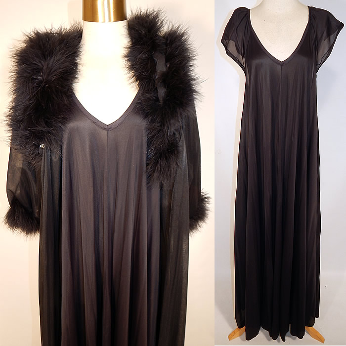 Vintage Jenelle of California Black Marabou Feather Robe Peignoir Negligee Nightgown
It is made of a black sheer nylon fabric, with black marabou feather boa trim on the robe. This lovely lingerie negligee peignoir set includes a long floor length loose fitting nightgown, with plunging V necklines, short cap sleeves and is sheer, unlined. 