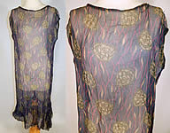 Vintage Art Deco Navy Blue Green Leaf Abstract Print Silk Chiffon Drop Waist Dress

