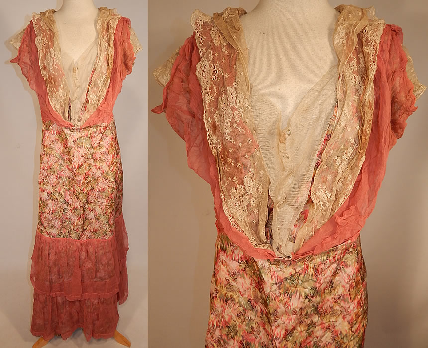 Edwardian Belle Epoque Moire Watered Silk Taffeta Pink Floral Ribbon Lace Dress
This Edwardian era Belle Epoque moire watered silk taffeta pink floral ribbon lace dress dates from 1915. It is made of a colorful pastel pinks and greens moire watered silk taffeta ribbon fabric with a floral wavy pattern damask design. There is an off white cream color sheer net lace fabric trim top front collar, cuffs and pink sheer silk chiffon fabric trim overlay. 