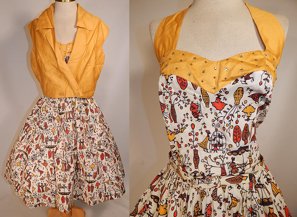 Vintage Cotton Caribbean African Women Novelty Print Circle Skirt Halter Dress Jacket
This vintage cotton Caribbean African women novelty print circle skirt halter dress and jacket dates from the 1950s. It is made of a orange, gold, brown, black and white cotton fabric, with a colorful Caribbean novelty print design of tribal ethnic African women, children dancing, playing musical instruments and relaxing.