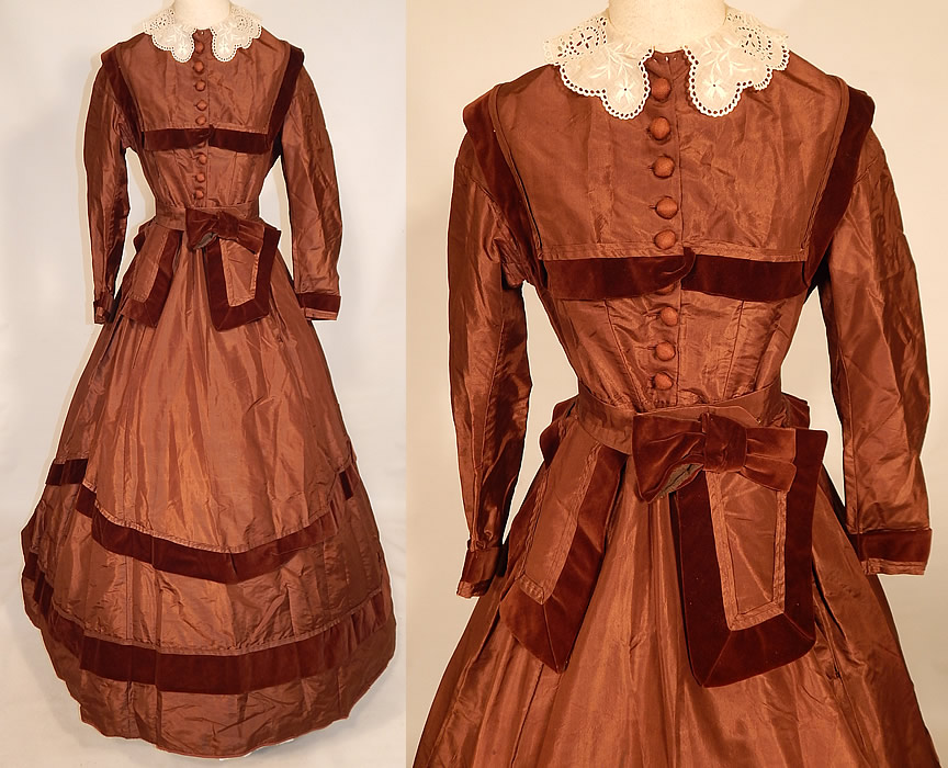 Victorian Civil War Era Brown Silk Taffeta Hoop Skirt Dress & Velvet Bow Belt Sash
This antique Victorian Civil War era brown silk taffeta hoop skirt dress and velvet bow belt sash dates from the 1860s.