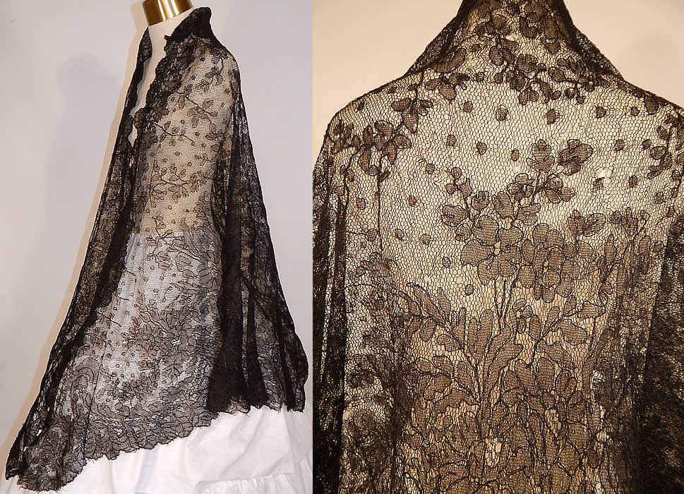 Victorian Civil War Era Antique Black Chantilly Lace Mantilla Shawl Pelerine
The shawl measures 102 inches wide and 56 inches long. It is in good condition, with only a few small frayed holes on back top (see close-up). This is truly a wonderful piece of antique Victoriana lace art! 