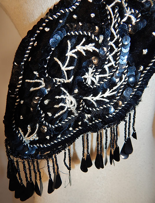 Edwardian Black Silk Velvet White Soutache Embroidery Dress Trim Collar
It is in good as-is condition, with only some loose missing beaded sequin fringe trim (see close-up). This is truly a wonderful piece of wearable art which would be great for design or restoration!