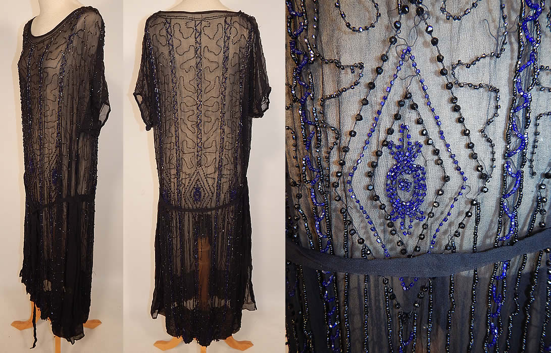 Vintage Art Deco Black Silk Chiffon Cobalt Blue Beaded Belted Drop Waist Flapper Dress
This fabulous flapper dress has a loose fitting drop waist style with attached belted tie sash, short sleeves, snaps along the shoulders and is sheer, totally unlined. The dress is a large size measuring 47 inches long, with a 40 inch waist and 44 inch bust. It is in good condition, with only a few loose missing beads. This is truly a wonderful piece of Art Deco wearable beaded textile art!
