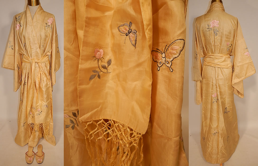 Vintage Japanese Yellow Silk Embroidered Kimono Robe Sash & Slippers
This vintage Japanese yellow silk butterfly embroidered kimono robe, sash and slippers date from the 1920s. It is made of a yellow fine silk fabric, with colorful pastel silk raised padded satin stitch hand embroidery work of butterflies and pink roses flowers. 
