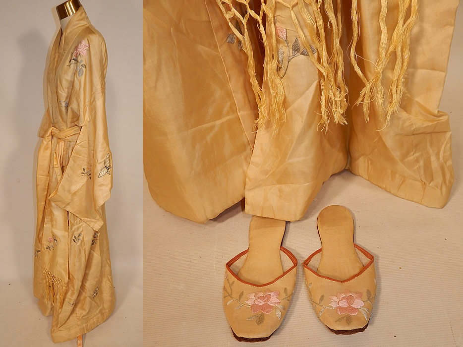 Vintage Japanese Yellow Silk Embroidered Kimono Robe Sash & Slippers
This lovely long floor length kimono robe has an open front, matching silk embroidered fringe trim ends sash tie belt for closure, full kimono sleeves, a rolled cotton batting stuffed hem and is fully lined.