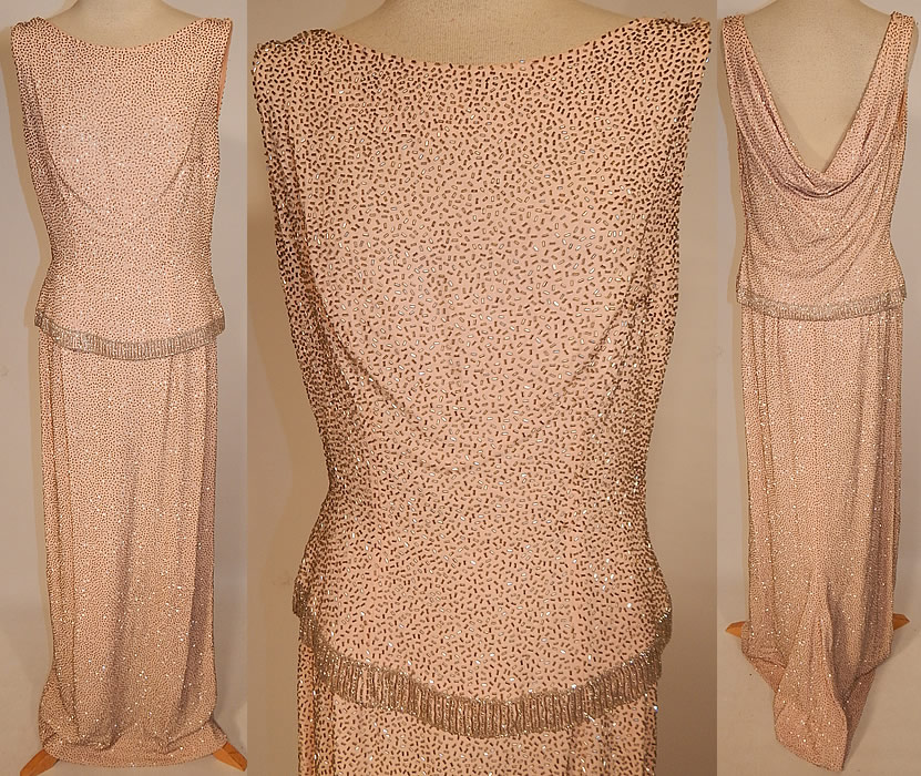 Vintage Hong Kong Custom Made Blush Pink Silk Silver Beaded Evening Gown
This vintage Hong Kong custom made blush pink silk silver beaded evening gown dates from the late 1950s. It is made of blush pink color silk fabric with silver beading completely covering it. 