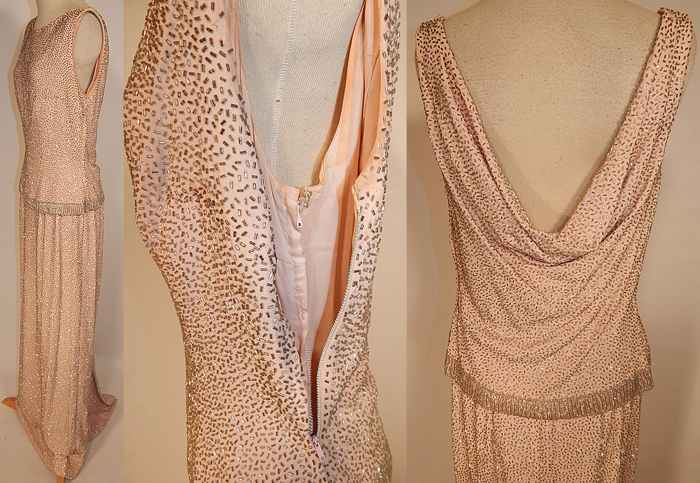 Vintage Hong Kong Custom Made Blush Pink Silk Silver Beaded Evening Gown
This elegant evening gown has a fitted wiggle sheath style, is a long floor length with slight back train drape, a layered sleeveless top with plunging V back, side zipper closures both inside on the dress slip lining and outer top.