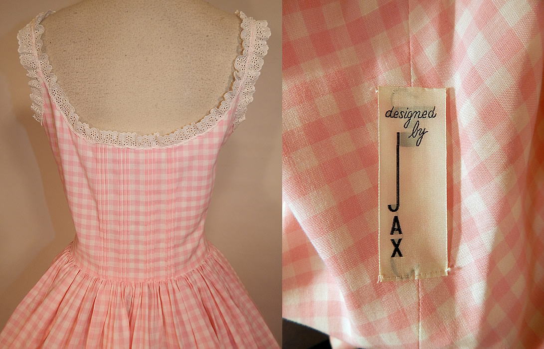 Vintage Designed by Jax Pink White Cotton Check Gingham Lace Circle Skirt Dress
There is a "designed by Jax" label sewn inside. The dress measures 39 inches long, with a 24 inch waist and 32 inch bust. 