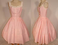 Vintage Designed by Jax Pink White Cotton Check Gingham Lace Circle Skirt Dress
