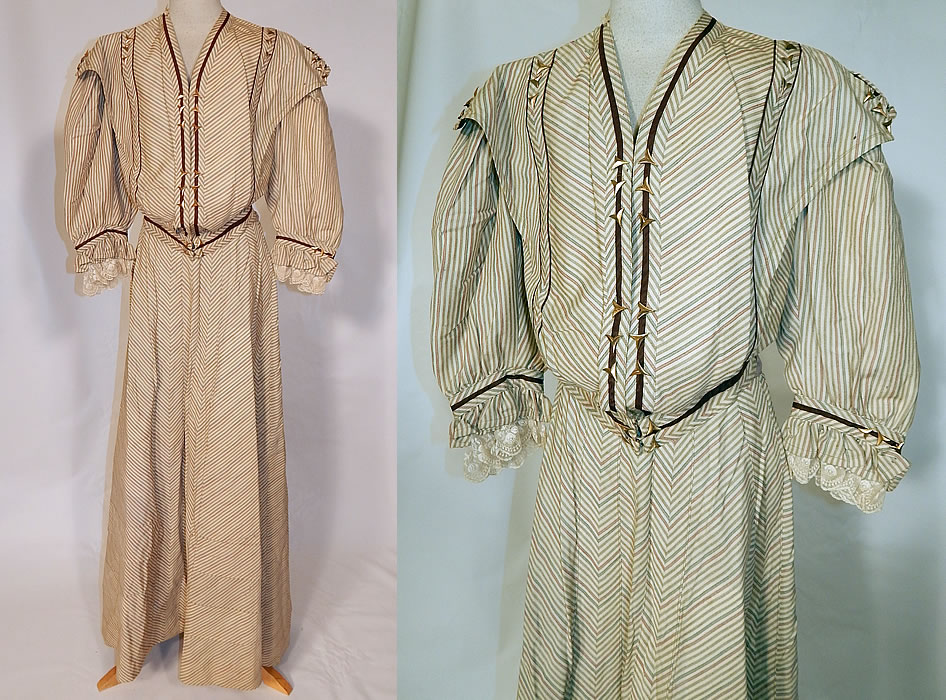 Victorian Brown & White Chevron Striped Wool Walking Suit Jacket Skirt
This antique Victorian era brown and white chevron striped wool walking suit jacket and skirt dates from 1900. It is made of an off white, tan, brown and blue chevron striped fine wool fabric, with gold metal arrow point shape accent trim sewn on the top.