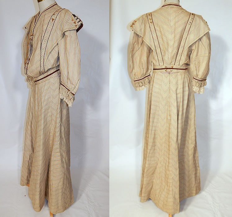 Victorian Brown & White Chevron Striped Wool Walking Suit Jacket Skirt
The top measures 19 inches long, with a 26 inch waist and 36 inch bust. There is a matching fabric long floor length full skirt, with a pleated waist, back hook closures and is unlined. 