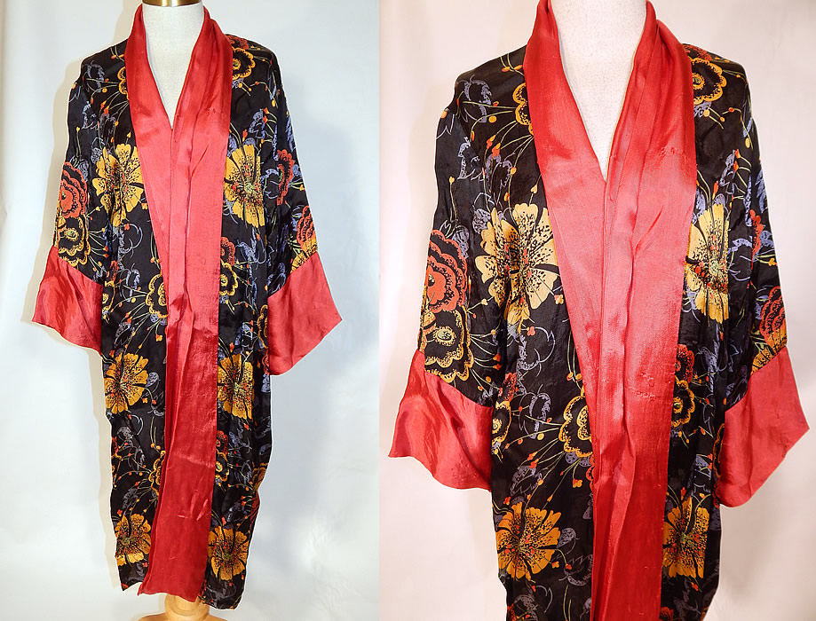 Vintage Art Deco Red & Black Flower Print Silk Flapper Kimono Robe Coat
This vintage Art Deco red and black flower print silk flapper kimono robe coat dates from the 1920s. It is made of a black silk rayon fabric, with a colorful floral silk screen print pattern design and red trim edging along the front opening and sleeve cuffs.