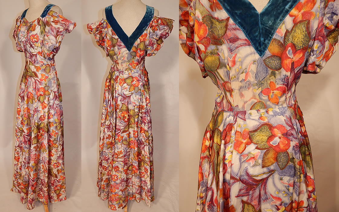 Vintage Orange Blossom Floral Pastel Print Rayon Taffeta Off Shoulder Dress Gown
The dress measures 60 inches long, with 52 inch hips, a 26 inch waist and 36 inch bust. It is in excellent condition. This is truly a wonderful piece of wearable art!
