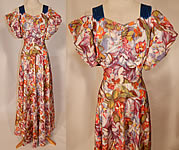Vintage Orange Blossom Floral Pastel Print Rayon Taffeta Off Shoulder Dress Gown
