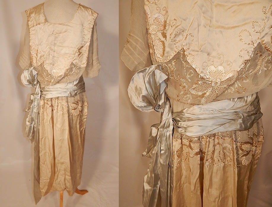 Edwardian Silk Embroidered Beaded Blue Ribbon Sash Belted Wedding Dress
The dress measures 50 inches long, with 48 inch hips, a 28 inch waist and 36 inch bust. It is in excellent condition. This is truly a wonderful piece of antique bridal wearable art!
