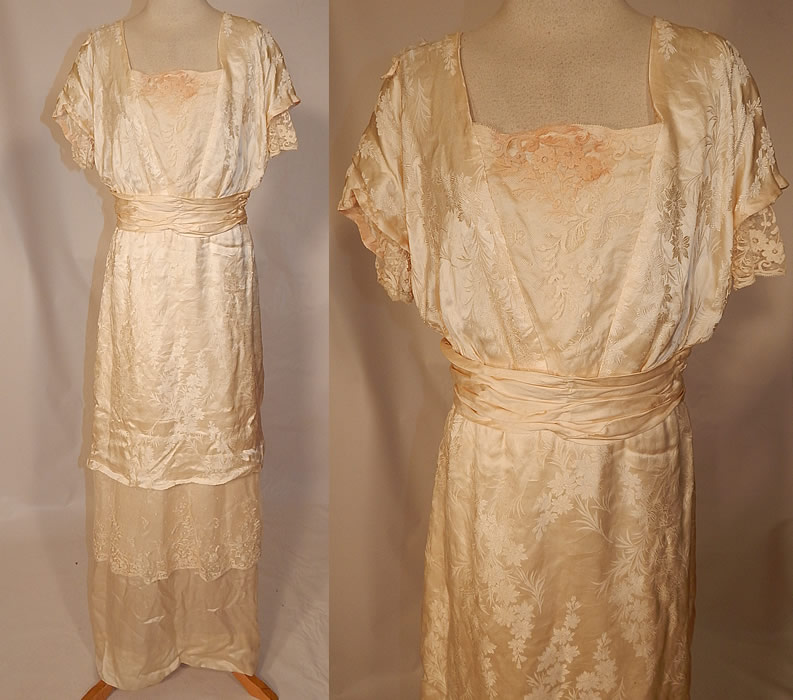 Edwardian Titanic Silk Damask Brocade Tambour Embroidery Lace Wedding Gown Dress
This antique Edwardian Titanic era silk damask brocade tambour embroidery lace wedding gown dress dates from 1912.