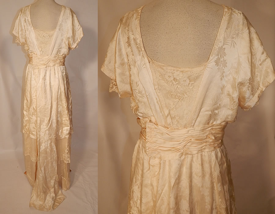 Edwardian Titanic Silk Damask Brocade Tambour Embroidery Lace Wedding Gown Dress
The dress measures 56 inches long in the front, 62 inches long in the back, with 40 inch hips, a 26 inch waist and 40 inch bust. 